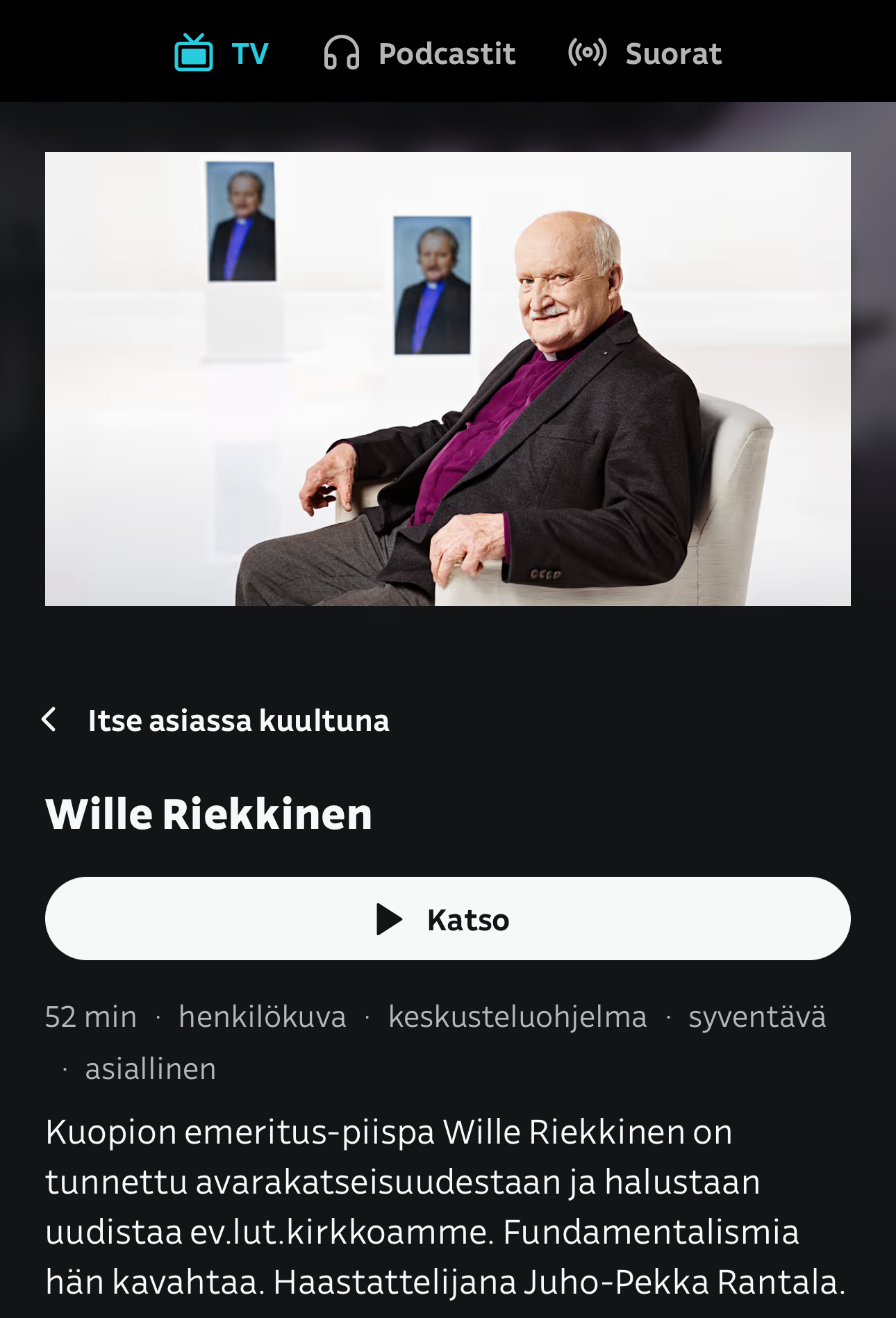 Yle Areenan sivu, jossa on Wille Riekkinen haastateltavana