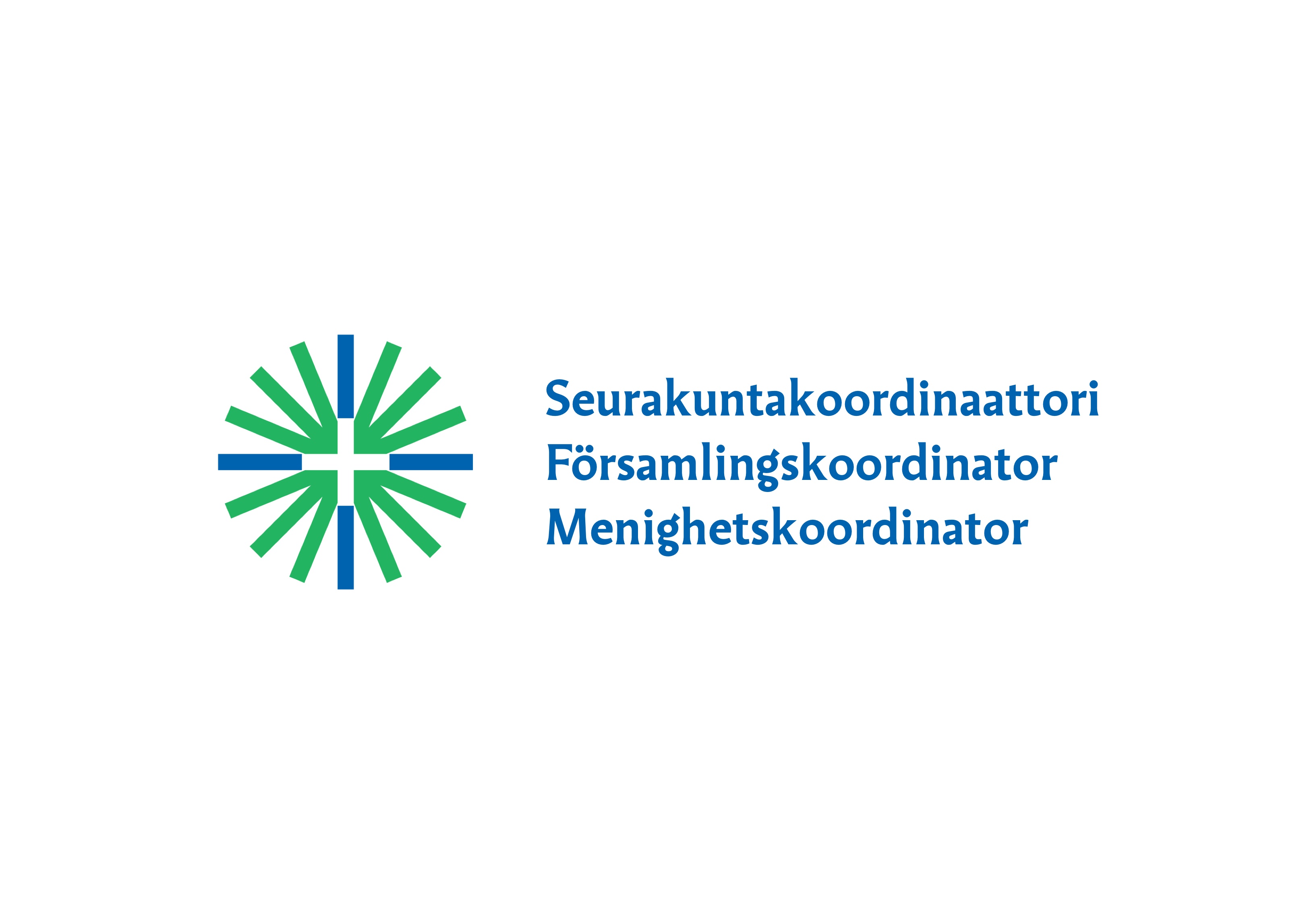 Seurakunnan logo ja sen oikealla puolella lukee: seurakuntakoordinaattori, församlingskoordinator, menighet...