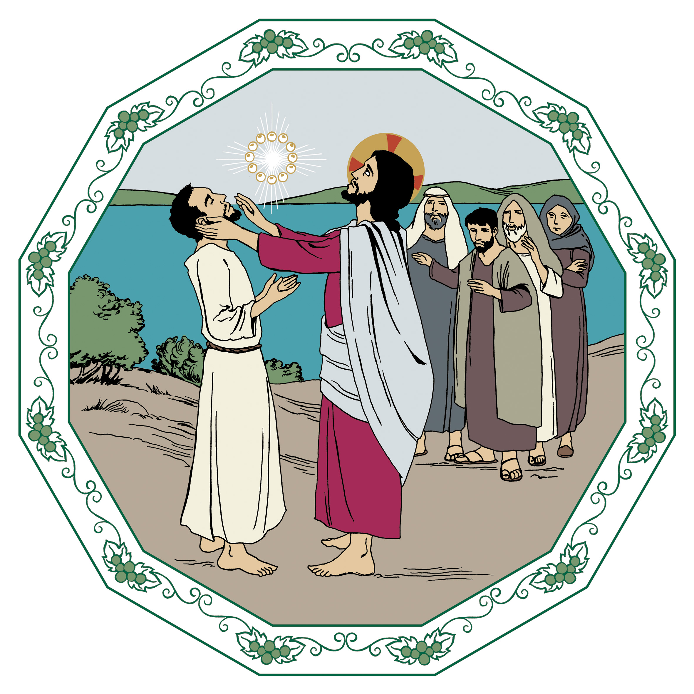 Keskellä seisoo Jeesus ja koskettaa edessään seisovaa ihmistä kasvoihin. Taustalla näkyy järvi ja ihmisiä seuraamassa parantamista.