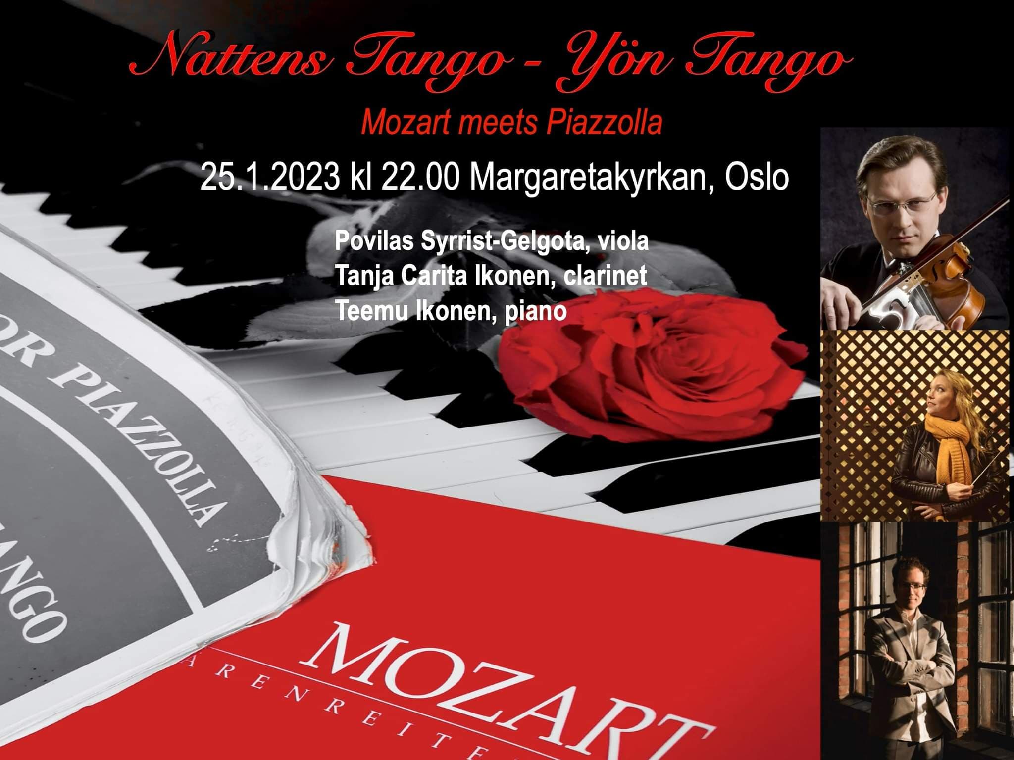 Kamarikonsertin mainoskuva, jossa on valokuvat muusikoista ja teksti Nattens Tango – Yön Tango – Mozart meet Piazzolla.