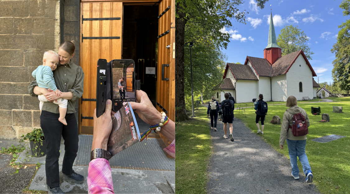 Ihmiset kävelevät kirkkomaalla